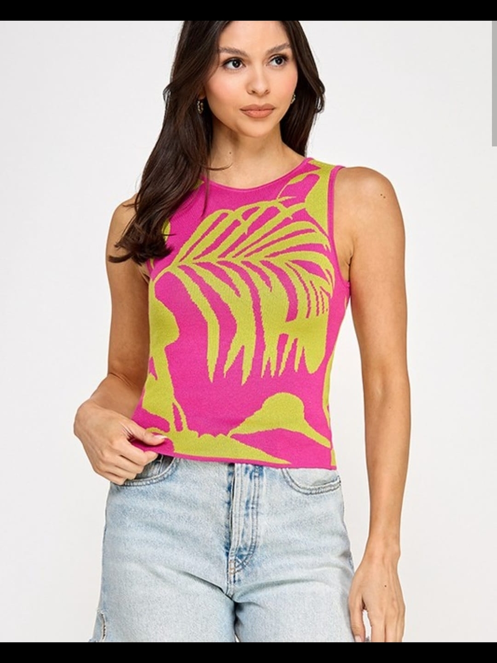 Sleeveless Pink & Lime Palm-Print Knit Tank